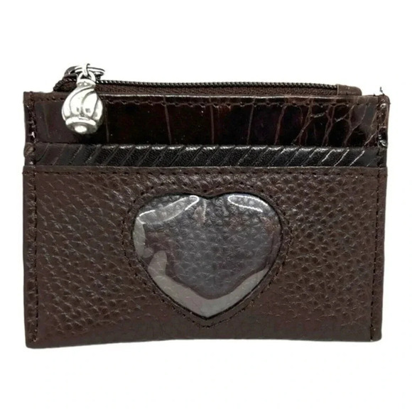 Brighton Small Wallet Brown Leather ID Holder Zippered Coin Purse Heart‎ Window‍ - Picture 1 of 3